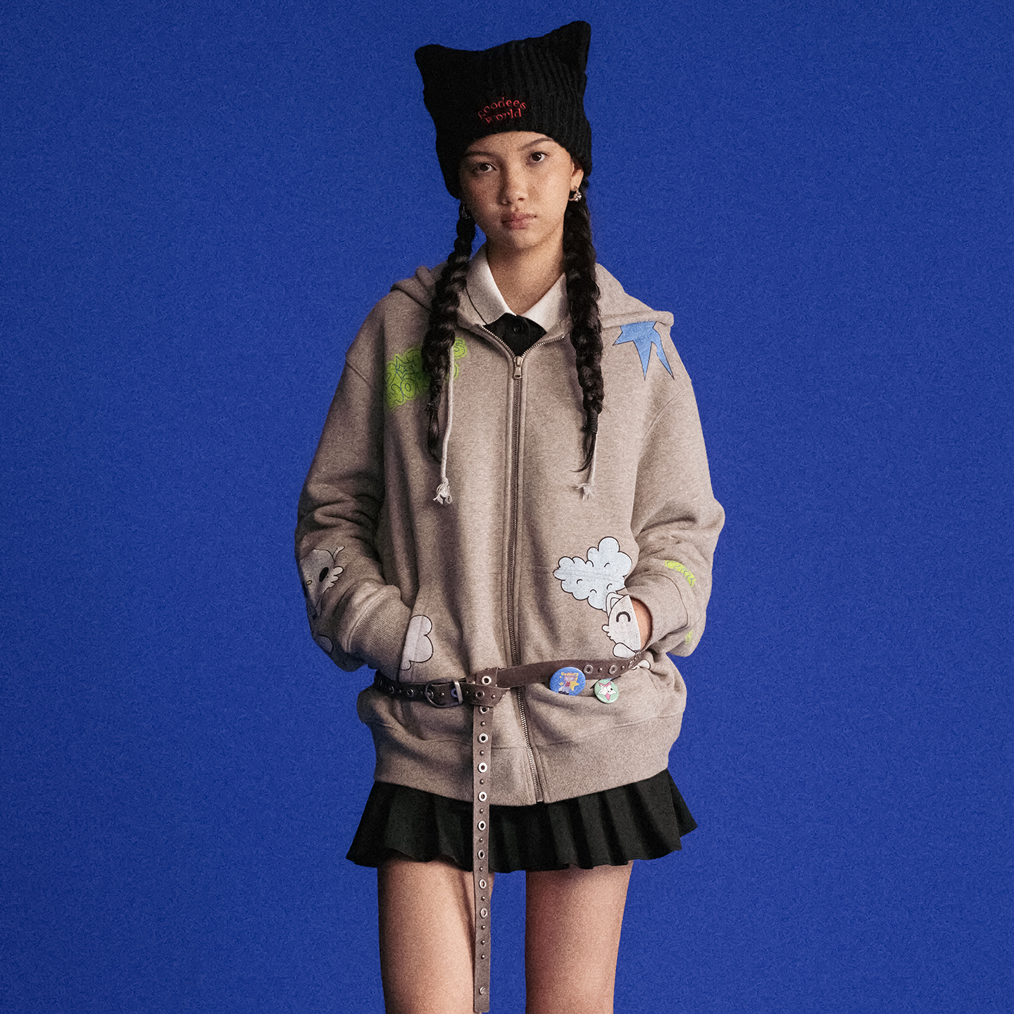 GOODBAI GOODEES多元素图案印花连帽拉链卫衣