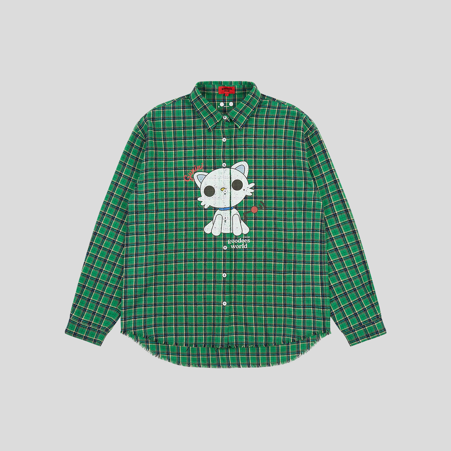 GOODBAI GOODEES 机器小猫做旧格纹毛边长袖衬衫