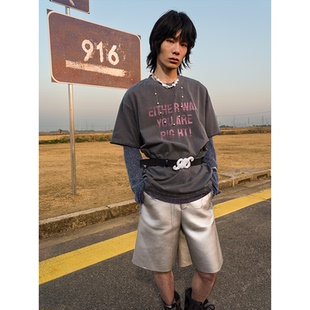T恤 slogan印花做旧oversize短袖 GOODBAI 916