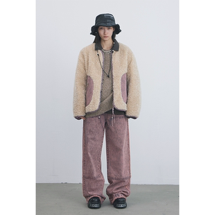 GOODBAI slogan做旧印花拼接oversize圆领仿羊羔绒外套 916