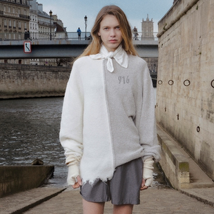 针织衫 logo贴布圆领撞色拼接破坏长袖 916 GOODBAI