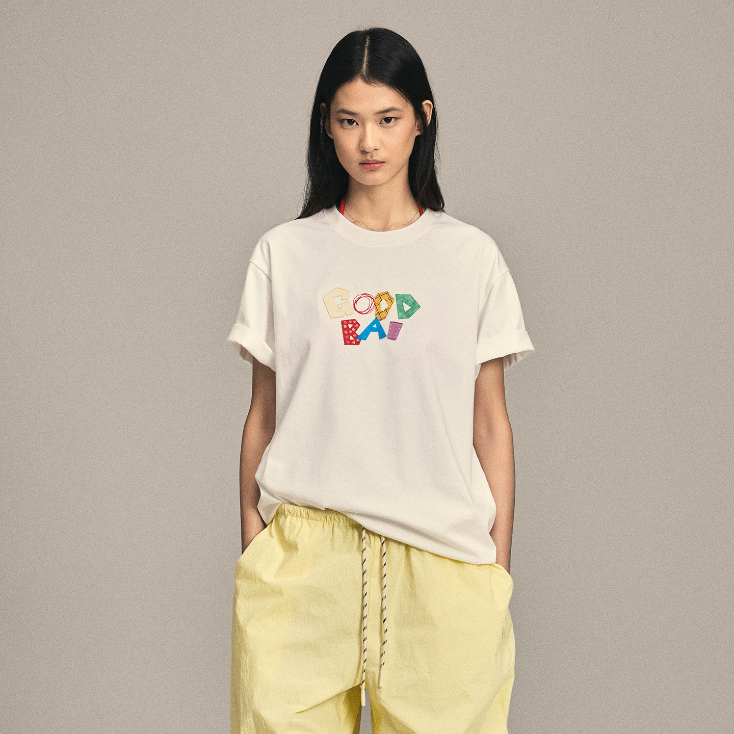 GOODBAI 男女同款logo贴布绣彩色印花圆领oversize短袖T恤