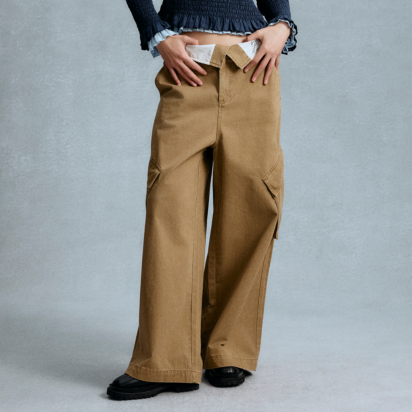 GOODBAI 斜体logo印花撞色翻腰中低腰直筒工装休闲长裤