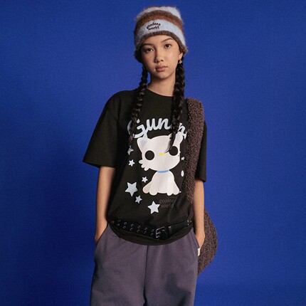 GOODBAI GOODEES 星星机器小猫logo图案印花oversize短袖T恤