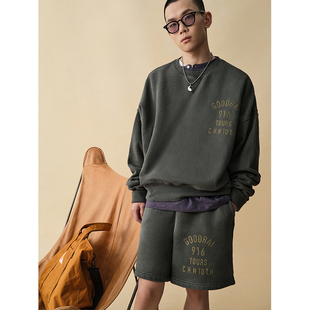 GOODBAI 916邮戳logo印花洗水做旧运动短裤