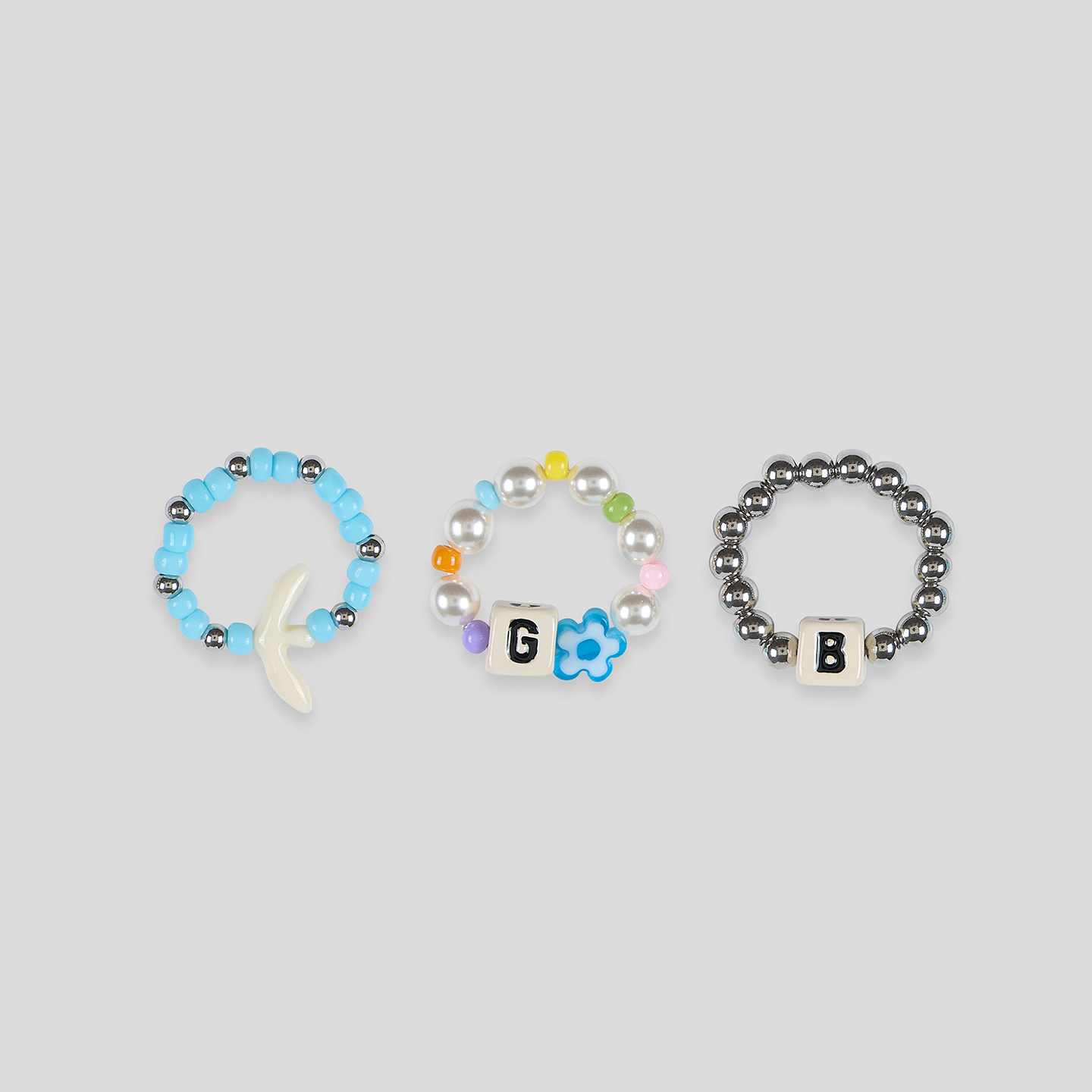 GOODBAI 女款GB金属字母串珠多色弹力戒指套组