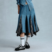 GOODBAI 拼接格纹撞色无腰带A版 中长半身裙