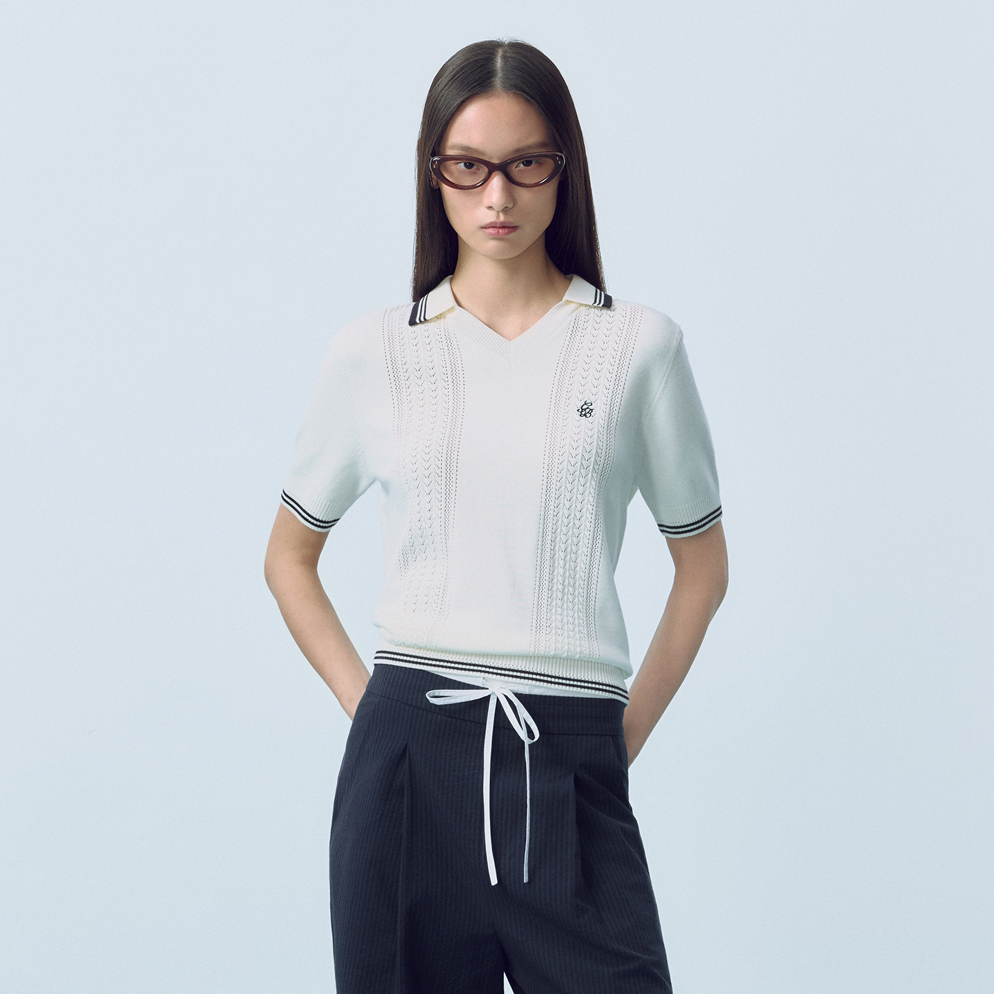 GOODBAI撞色刺绣GB logo翻领镂空正肩针织POLO