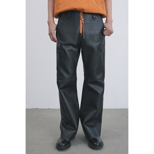 刺绣拼接撞色串珠拉链直筒仿皮休闲裤 GOODBAI 916