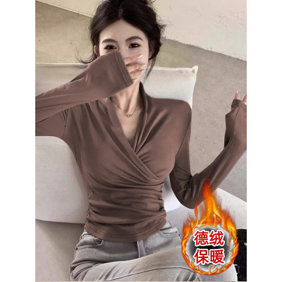 收腰褶皱交叉V领德绒长袖T恤女装