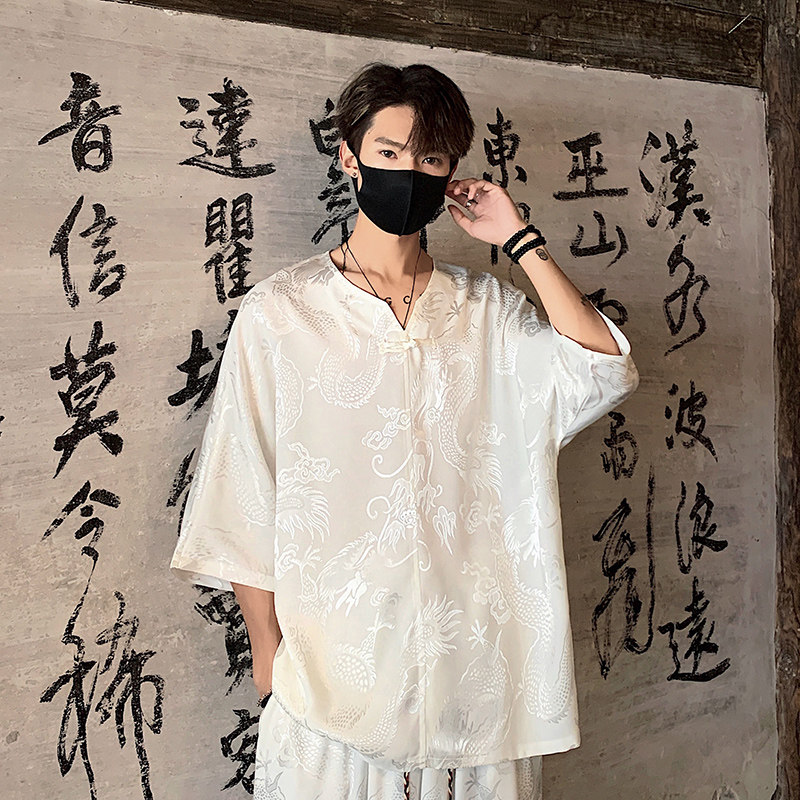 TK600新中式风冰丝垂感V领短袖T恤套装男宽松灯笼裤两件套,男装T恤,电商A115