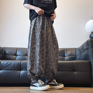 冰丝垂感阔腿裤 K73 宽松休闲裤 男大码 P50 中国风民族风印花灯笼裤