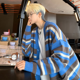 M801秋季条纹V领针织开衫外套男潮流宽松慵懒风针织衫毛衣P65，男装针织衫/毛衣，电商A115