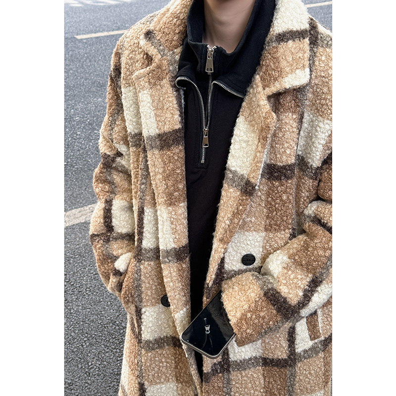 JW002 冬季中长款格子毛呢大衣男潮加棉毛圈纹宽松风衣外套 P138