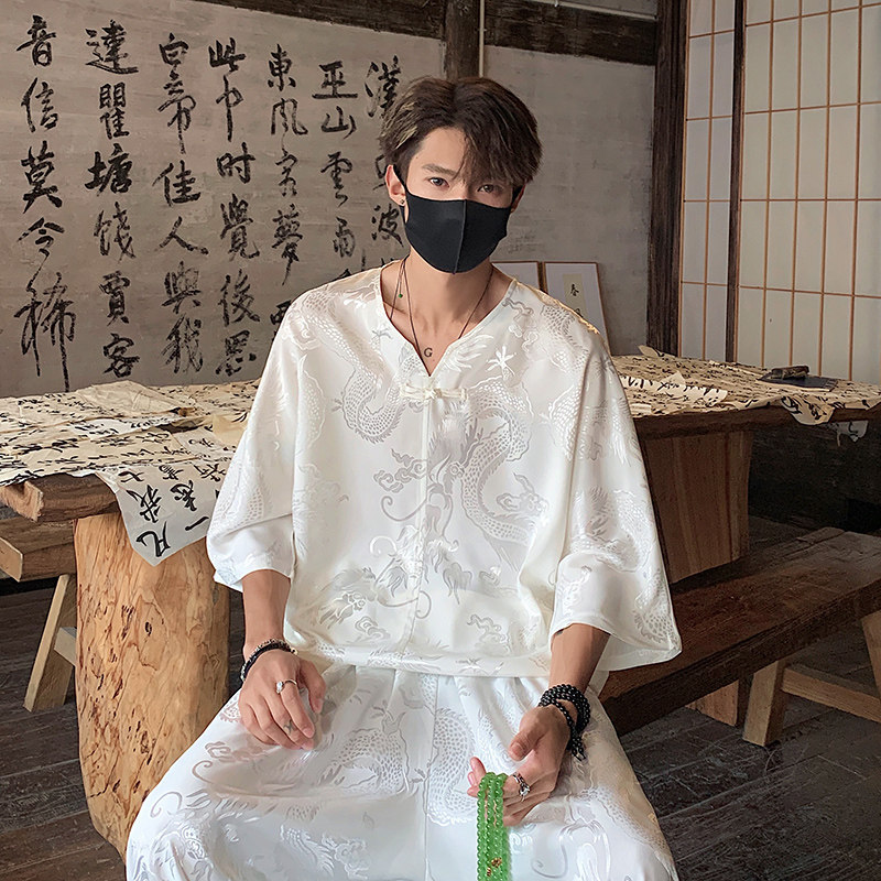 TK600新中式风冰丝垂感短袖T恤套装男潮宽松灯笼裤两件一套,男装T恤,电商A115