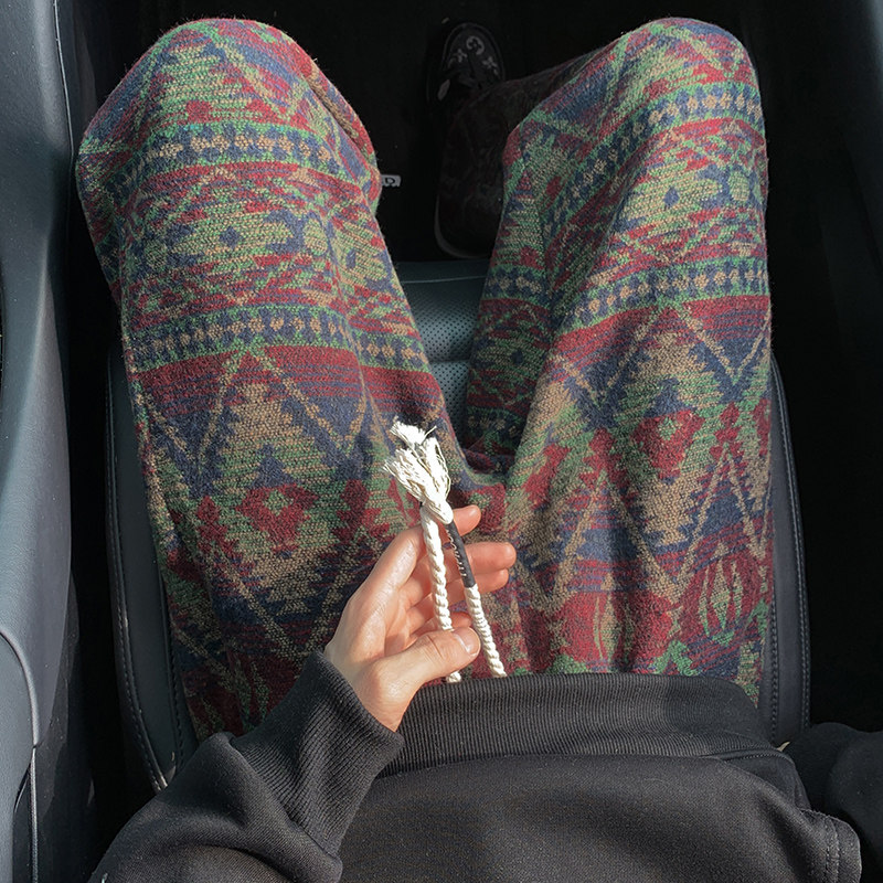 K146针织脏脏风卫裤民族风提花阔腿直筒毛呢休闲裤特P45无差价，男装休闲裤，电商A115