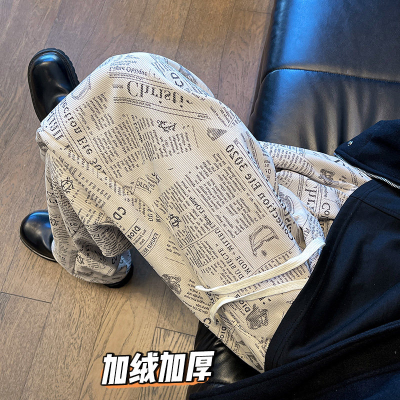 K1001报纸印花加绒加厚休闲裤男大码宽松直筒裤子特P30加绒P38,男装卫衣,电商A115