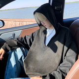 W150秋季新款麂皮绒大V领连帽卫衣男纯色宽松外套特P45无差价，女装短外套，电商A115