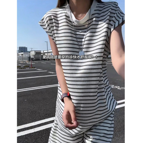 TZ66 夏季条纹无袖背心套装男宽松短裤两件一套 特P40无差价