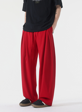 K2202 夏秋双开叉红色百搭休闲裤男大码宽松垂感西裤 特P45无差价