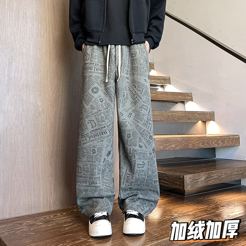 K1001报纸印花加绒加厚休闲裤男潮流宽松直筒裤特P30加绒P38，男装卫衣，电商A115