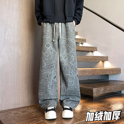 K1001 报纸印花加绒加厚休闲裤男潮流宽松直筒裤 特P30 加绒P38