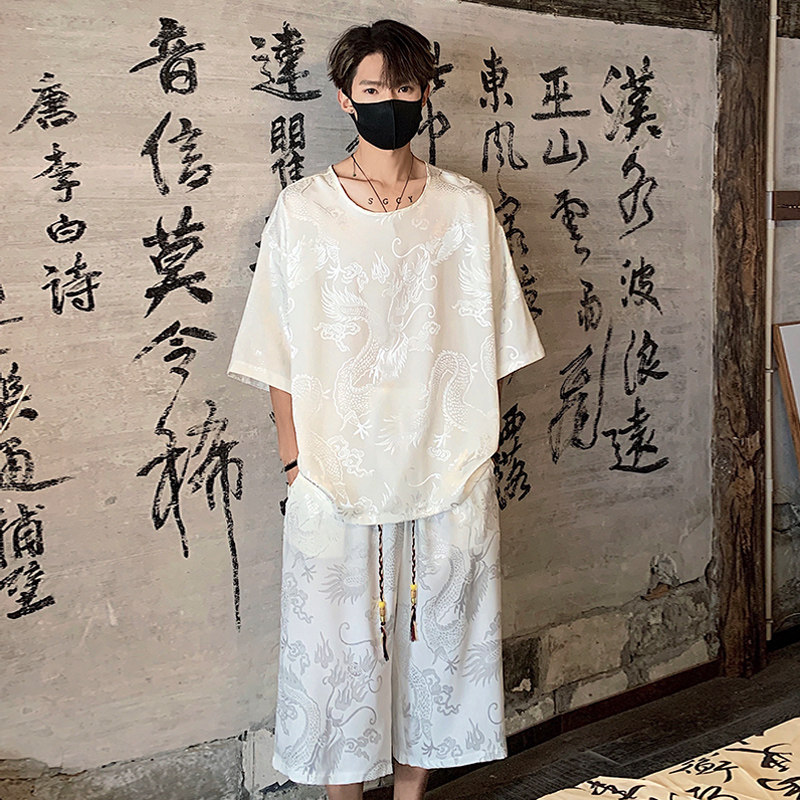 TK500新中式风冰丝垂感龙纹短袖T恤套装男七分休闲裤裤两件套,男装休闲裤,电商A115
