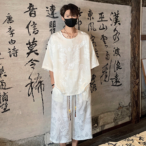 TK500 新中式风冰丝垂感龙纹短袖T恤套装男七分休闲裤裤两件套图片