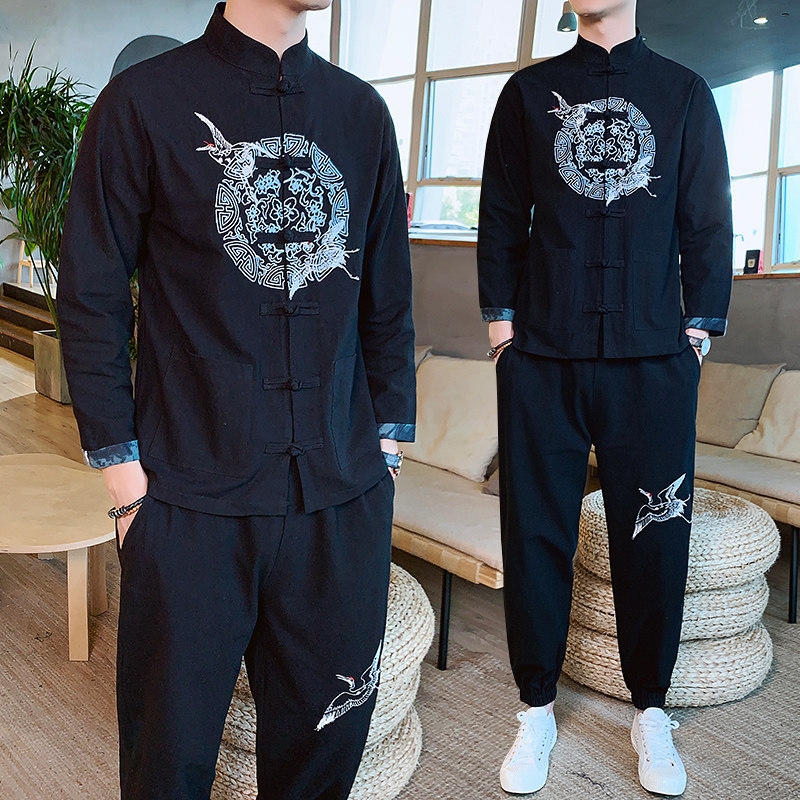 Chinese style spring new long sleeve embroidered Tang Dynasty dress stand collar cardigan Hanfu retro casual suit