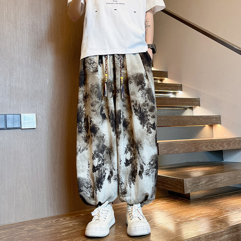 K900风冰丝垂感扎染水墨画灯笼裤潮宽松束脚休闲裤男P50,男装休闲裤,电商A115