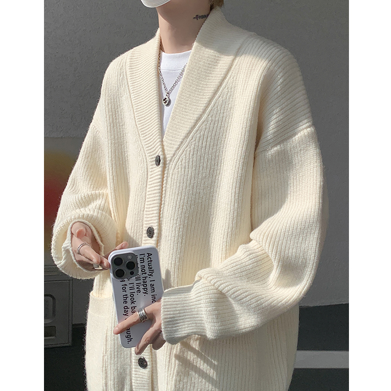 M717大皂秋季纯色针织开衫外套男潮流宽松慵懒风针织衫毛衣P65，男装针织衫/毛衣，电商A115