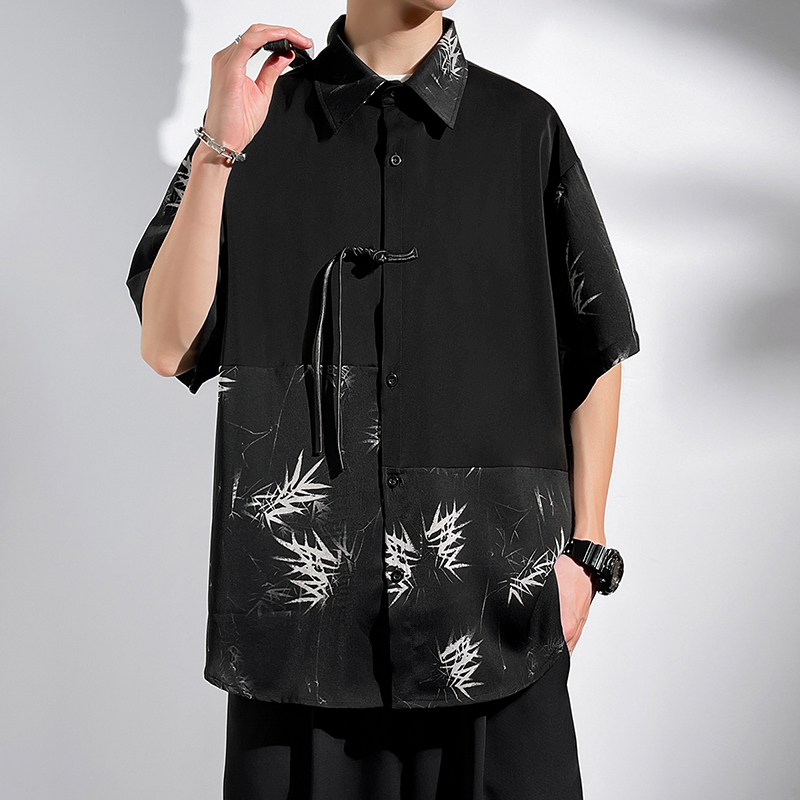 C666-特P35无差价  新中式国风竹叶纹拼接短袖衬衫男大码宽松衬衣