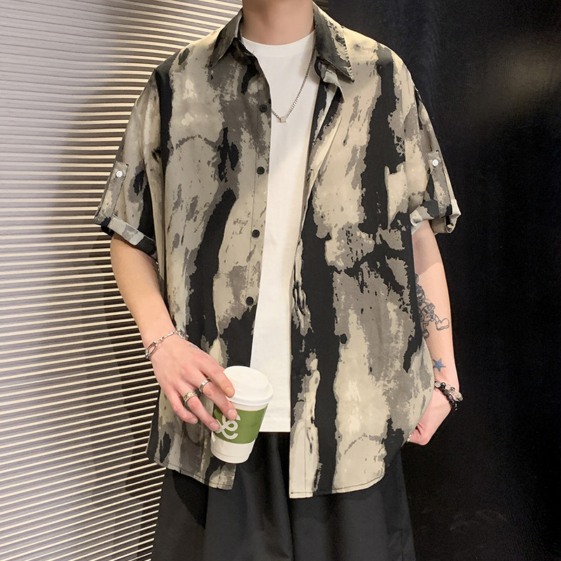 C215 港风夏季冰丝垂感大理石纹碎花短袖衬衫男宽松帅气休闲衬衣图片