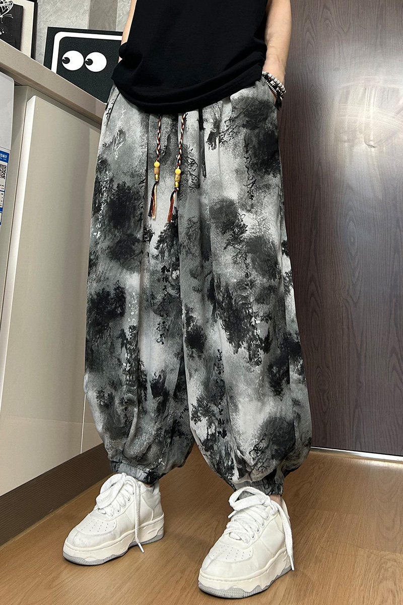 K900新中式风冰丝垂感扎染水墨画灯笼裤大码宽松休闲裤男P50,男装休闲裤,电商A115