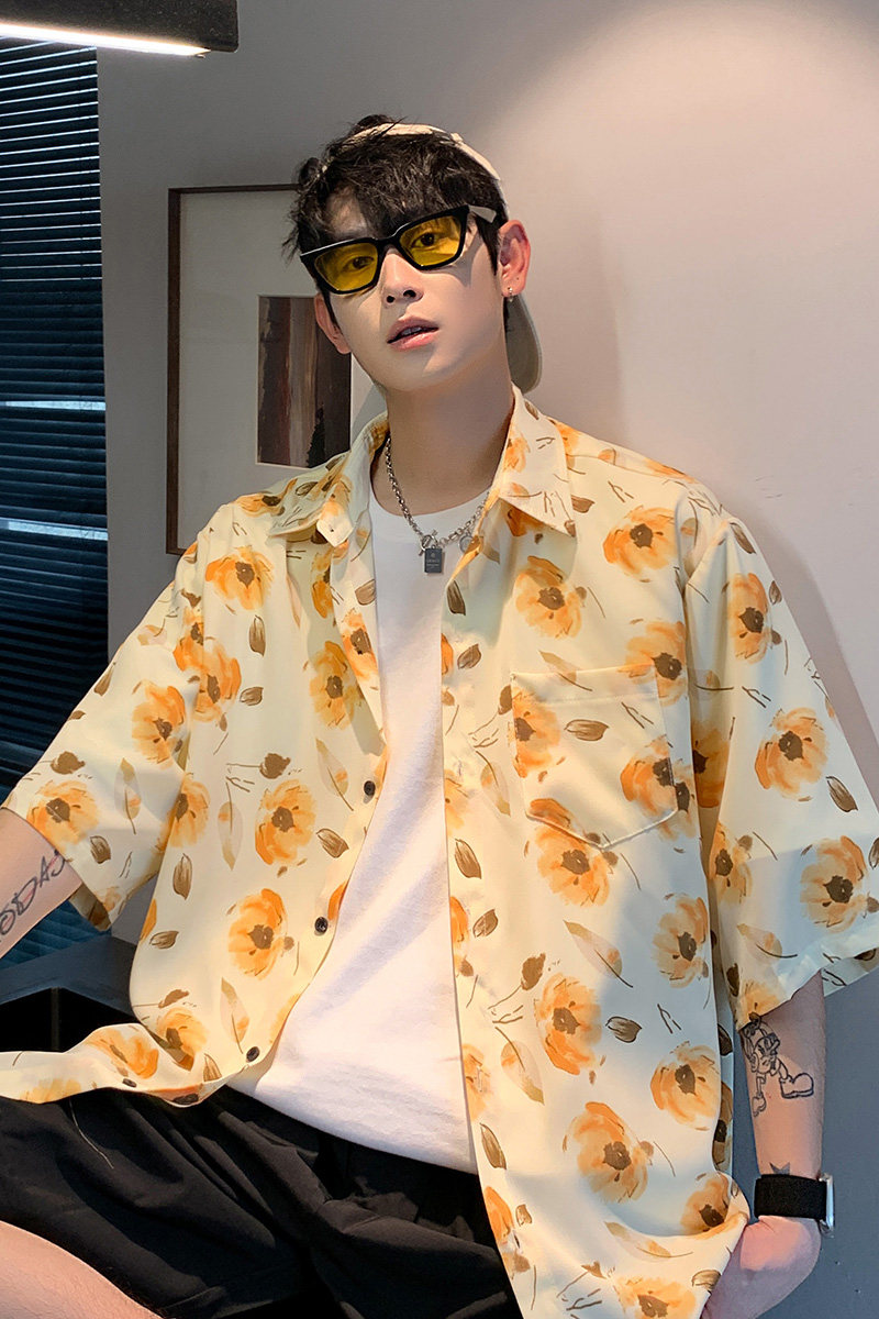 CS77港风夏季碎花冰丝薄款短袖衬衫男宽松帅气半袖花衬衣P40,男装T恤,电商A115