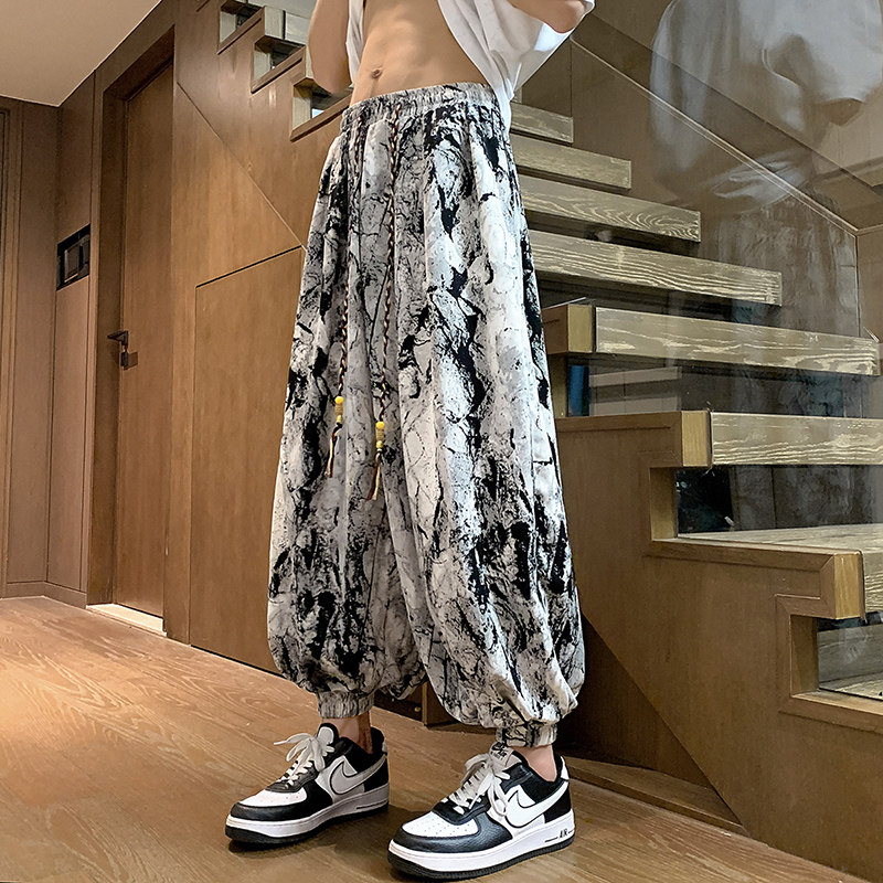 K130新中式风休闲裤水墨纹扎染垂感冰丝花裤子男宽松灯笼裤，男装休闲裤，电商A115