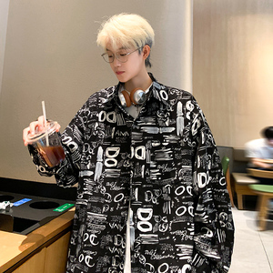 C777 秋季新款字母涂鸦长袖衬衫男潮大码宽松衬衣 P45限78图片