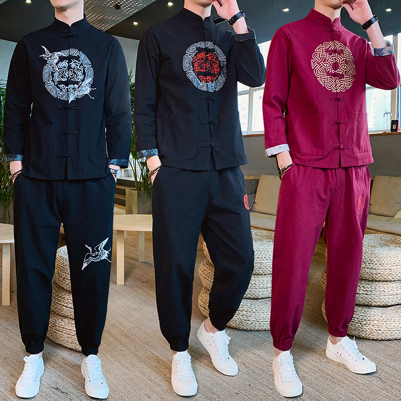 Collection of spring new Chinese style long sleeve T-shirt suit men's large loose two-piece set