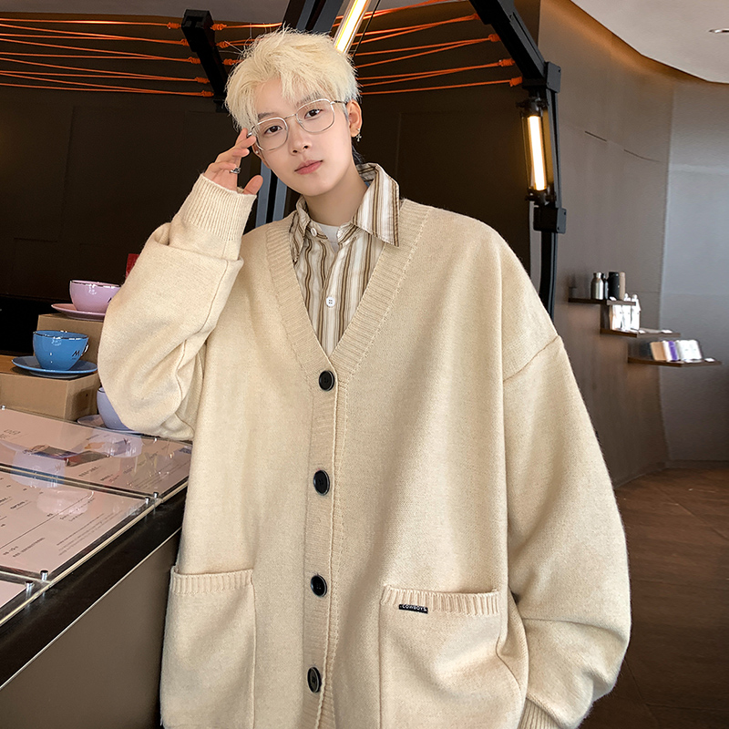 M802秋季新款纯色针织开衫外套男潮宽松慵懒风针织衫毛衣P65，男装针织衫/毛衣，电商A115