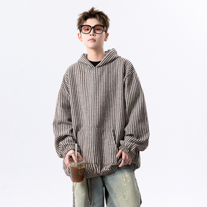 W160 港风春季新款条纹连帽卫衣男潮大码宽松咖啡休闲外套 P75图片