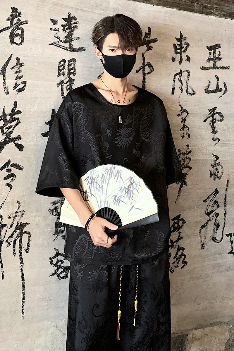 TK500新中式风夏季冰丝垂感短袖T恤龙纹套装男七分裤两件套,男装T恤,电商A115
