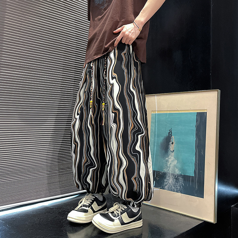 K63 风条纹印花灯笼裤男装宽松休闲裤冰丝垂感阔腿裤 P50图片