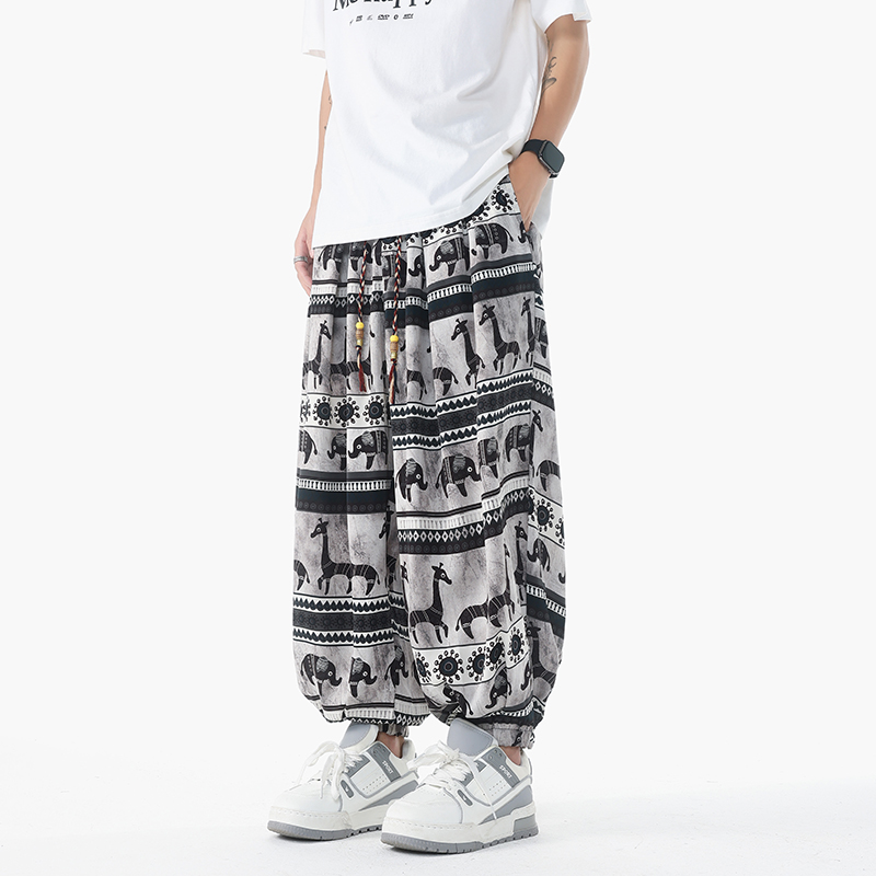 K69风民族风印花灯笼裤男潮牌宽松休闲裤冰丝垂感阔腿裤P50，男装民族服装，电商A115