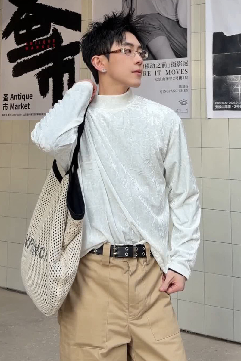 T0042026春季新款中领长袖T恤男潮松弛感纹理套头宽松打底衫P30,男装T恤,电商A115