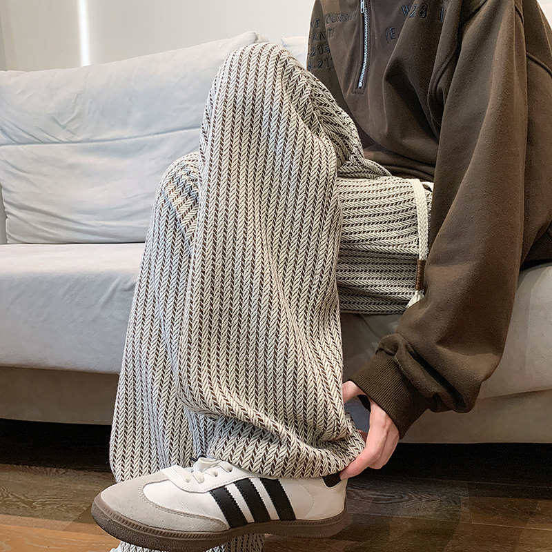 K160条纹编织感小香风直筒休闲裤男潮流复古阔腿裤特P35无差价，男装休闲裤，电商A115