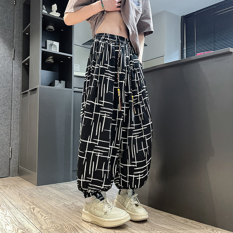 K60风印花灯笼裤男潮牌大码宽松休闲裤冰丝垂感阔腿裤P50,男装休闲裤,电商A115