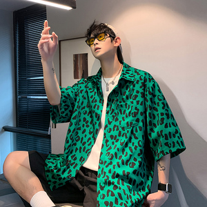 CS77 港风夏季碎花冰丝薄款短袖衬衫男宽松半袖玫瑰花衬衣 P40图片