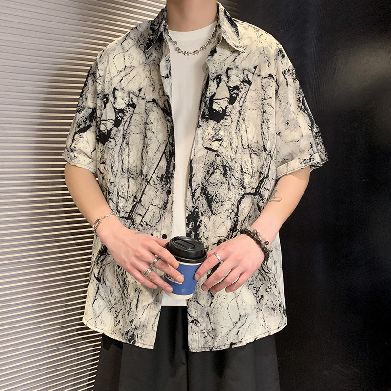 C215港风夏季冰丝垂感大理石纹碎花短袖衬衫男宽松帅气休闲衬衣,男装T恤,电商A115