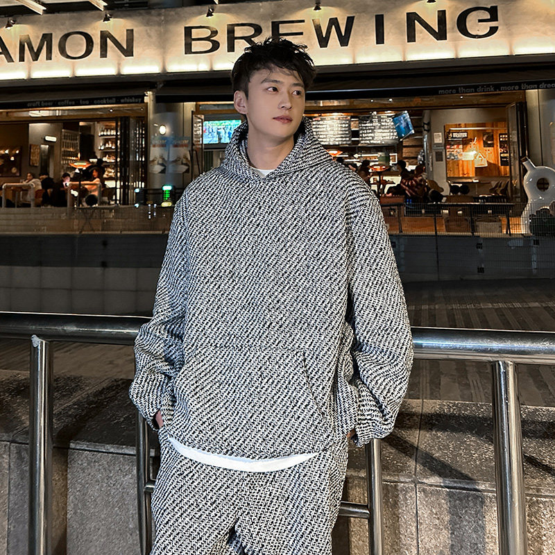 TZ161千鸟格加绒连帽卫衣套装男装休闲裤两件套P98加绒P108,男装休闲裤,电商A115