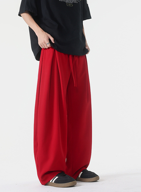 K2202 夏秋双开叉设计红色休闲裤男大码宽松垂感西裤 特P45无差价